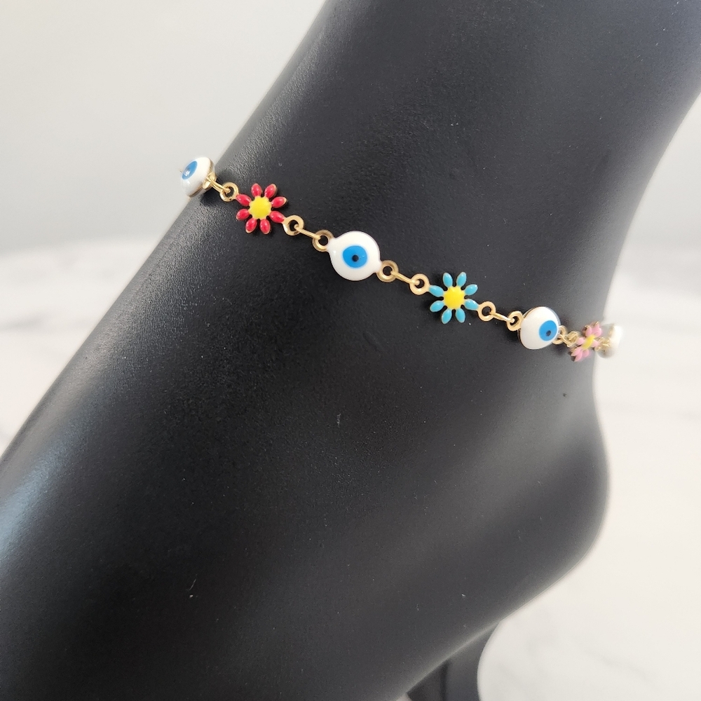 Multi Color Stainless Steel Floral Evil Eye Charm Anklet Summer Accesories - Picture 6 of 16